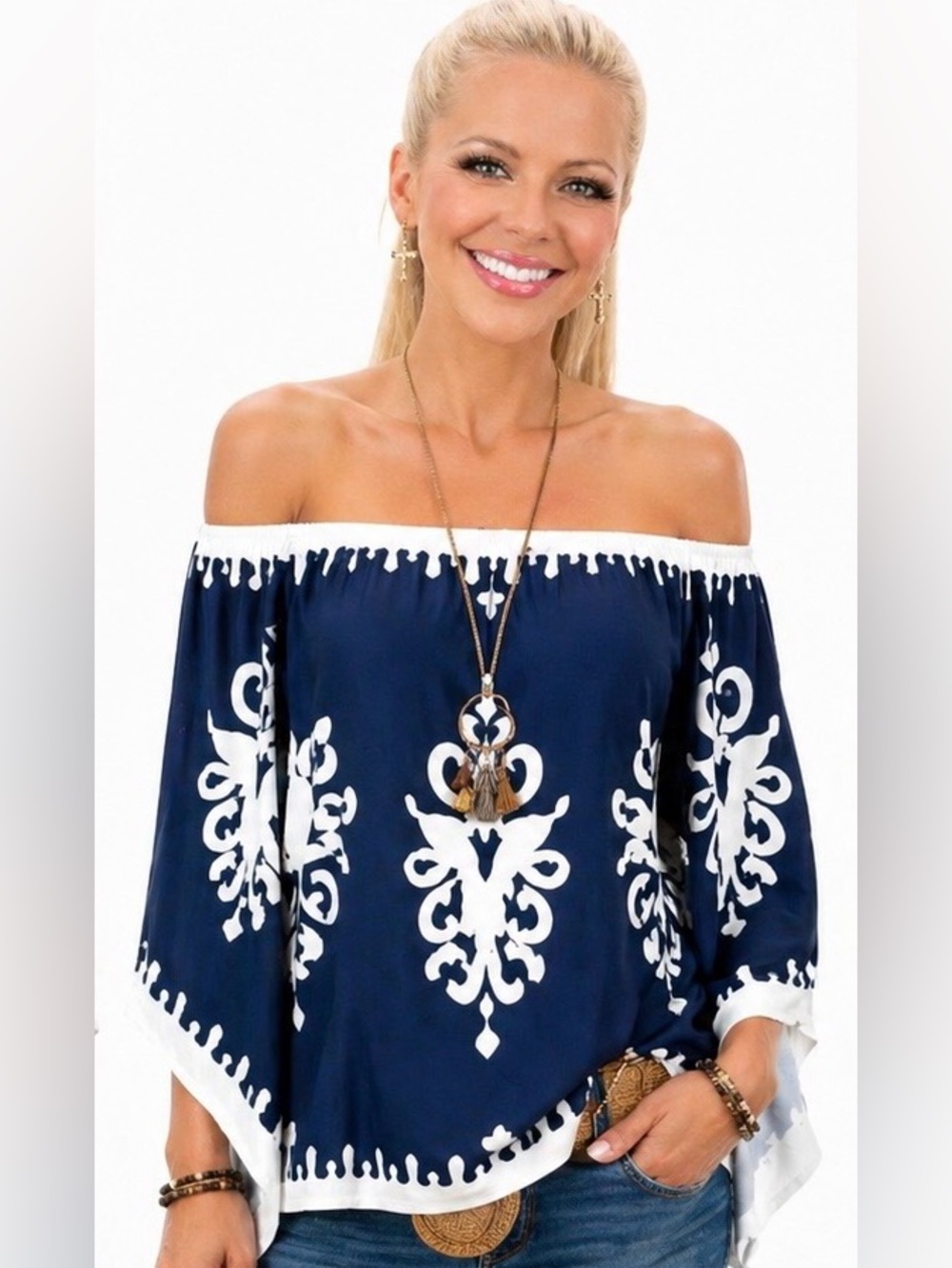 Women’s Off-Shoulder Navy Blue Embroidered Top
